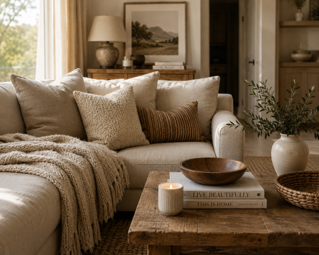 Warm neutral living room with cozy textures and timeless decor