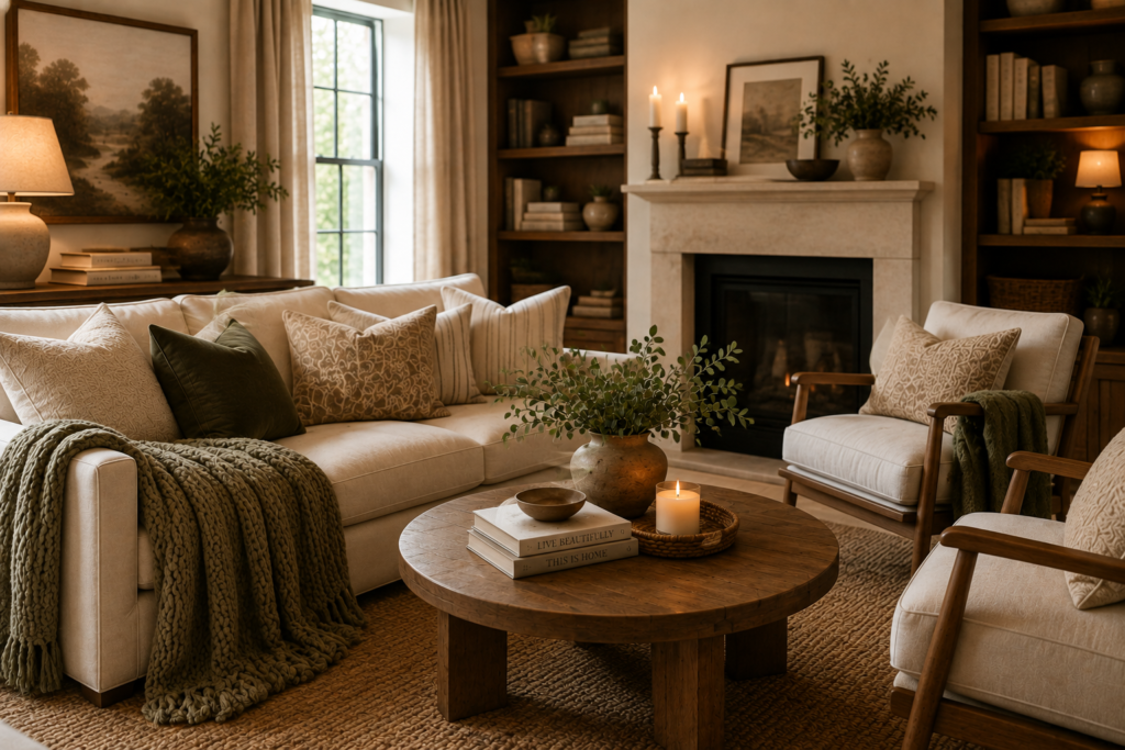 Warm and inviting living room with comfortable seating, layered textiles, soft lighting, and natural wood accents