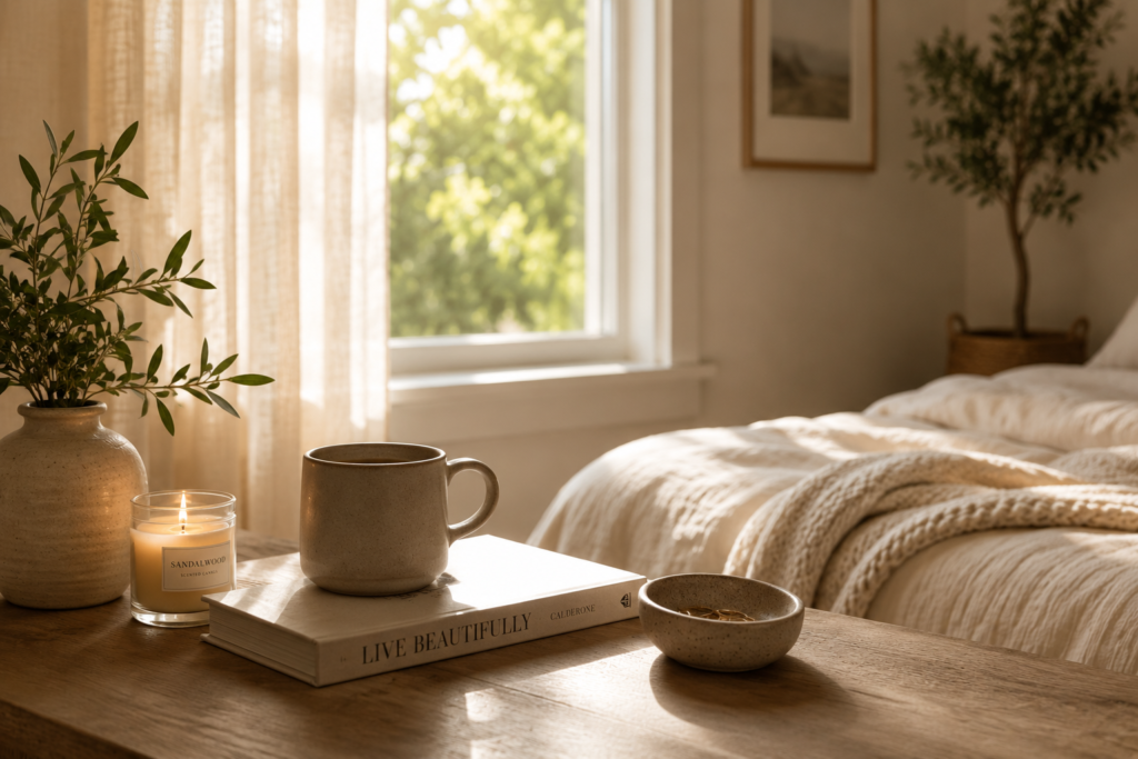 Cozy organized bedroom with warm neutral decor and natural light