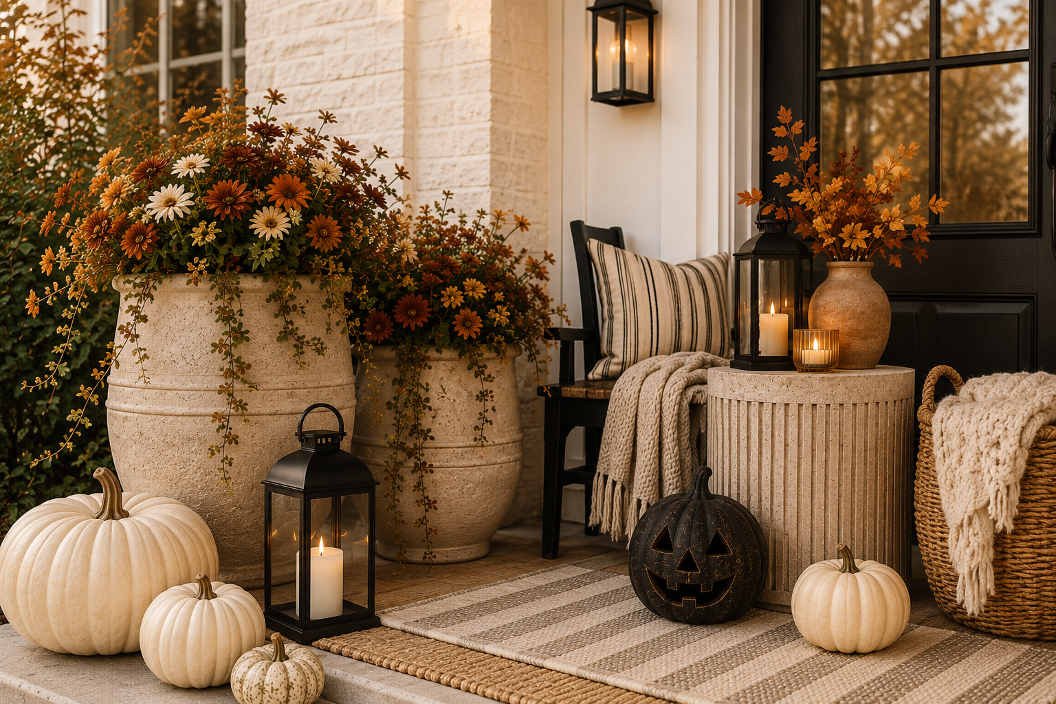 Cozy fall front porch with neutral pumpkins, stone planters, black lanterns, fall flowers, and layered outdoor decor.