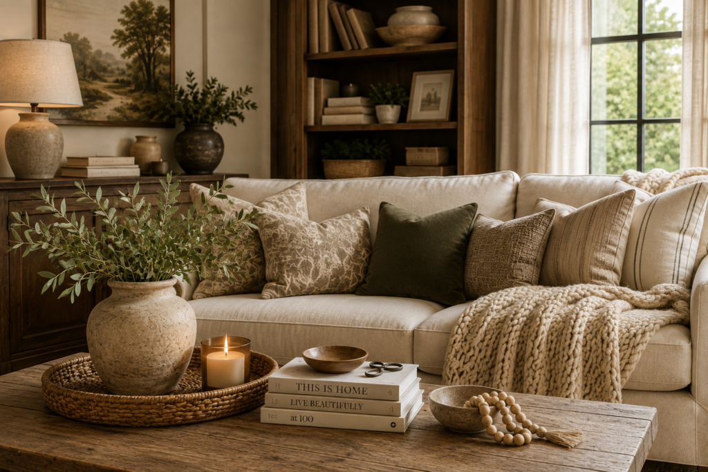 Cozy neutral living room with layered pillows, throw blankets, natural wood, woven textures, and greenery
