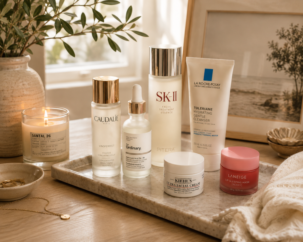 Everyday beauty favorites with skincare and makeup essentials
