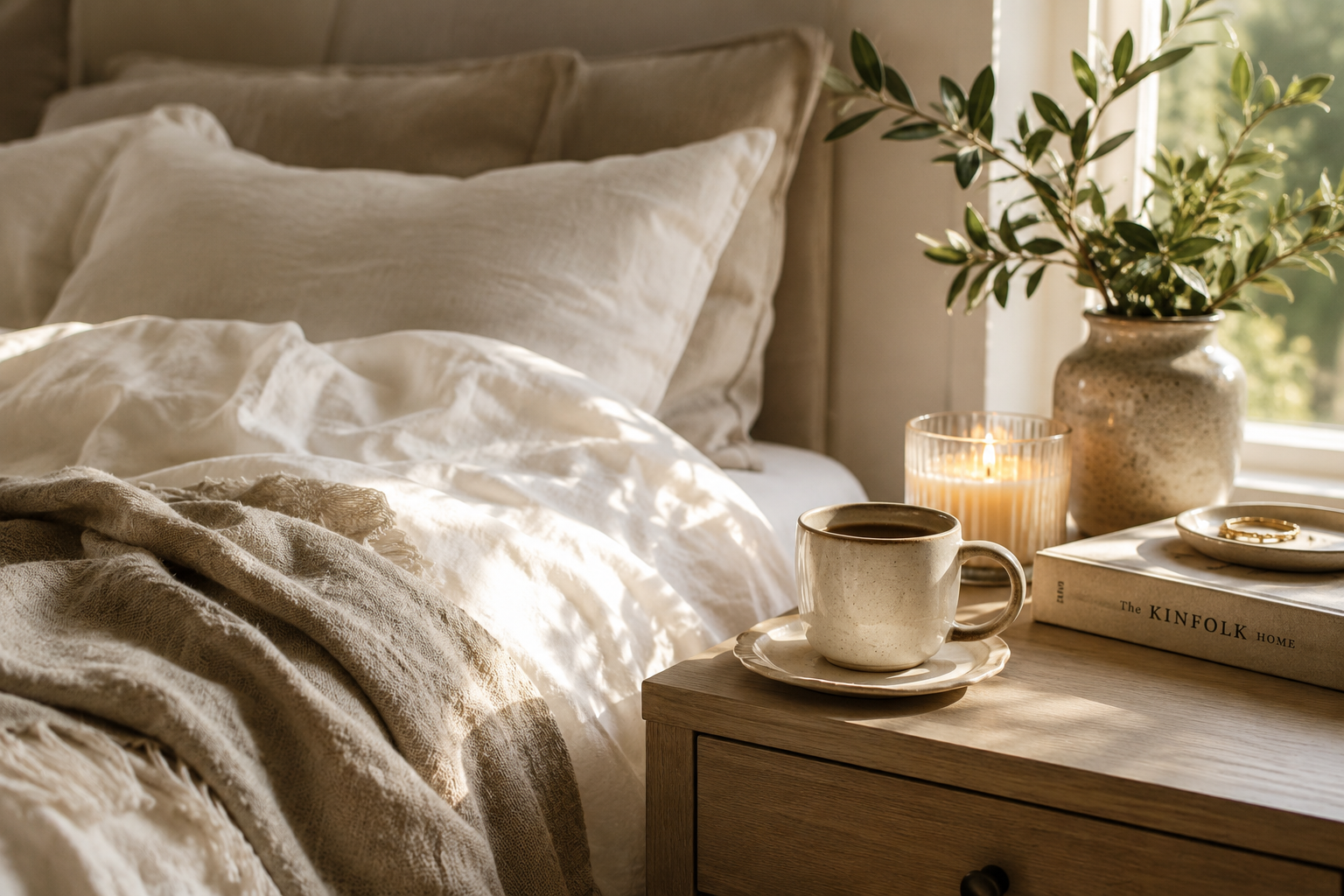 Luxurious everyday routine with cozy neutral bedding, coffee, candle and greenery